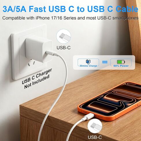 USB C to USB C Charging Cable for Apple iPhone 17/16/15 Charger Fast 6ft Long USBC to USB-C Power Cord for iPhone 17/16 Pro/Pro Max/Air, MacBook Air 13 inch/IPad Pro/Air/10th/4/5 Type C 2Pack 6 ft 60W in Saudi Arabia