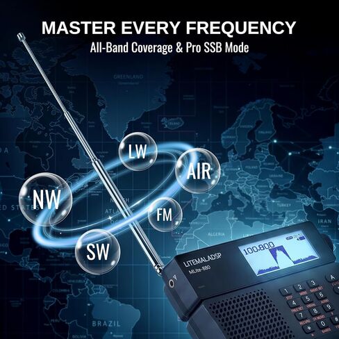 رادي MLite-880 SDR جهاز استقبال راديو على الموجات القصيرة مع نطاق الطيران | بطارية بقدرة 5000 مللي أمبير في الساعة، وأوضاع SSB/LSB/USB/CW، وتقليل ضوضاء DSP، وعرض طيف الشلال in Kuwait