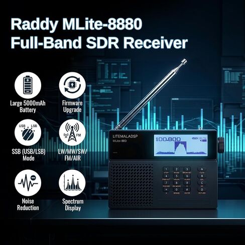 رادي MLite-880 SDR جهاز استقبال راديو على الموجات القصيرة مع نطاق الطيران | بطارية بقدرة 5000 مللي أمبير في الساعة، وأوضاع SSB/LSB/USB/CW، وتقليل ضوضاء DSP، وعرض طيف الشلال in Kuwait