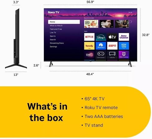 Roku Hiro 65" 4K HDR Smart TV Flat Screen LED Television TV and Dolby Audio Streaming, 60 Hz, HDR10, Apple Airplay Compatible H65C4C4 (Renewed) in Saudi Arabia