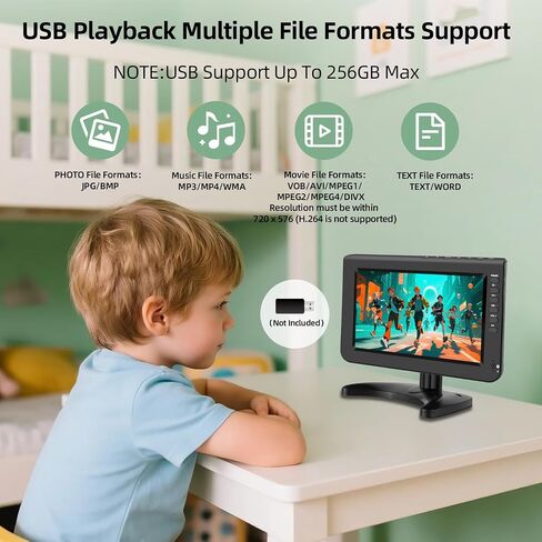 Jexiop 10.1inch Portable TV,720P Screen Small Television with Antenna and Digital ATSC Tuner,HDMI USB Port,12 Volt Charger Cable/AC Power for Caravan and Kitchen in Saudi Arabia