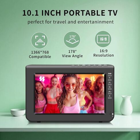 Jexiop 10.1inch Portable TV,720P Screen Small Television with Antenna and Digital ATSC Tuner,HDMI USB Port,12 Volt Charger Cable/AC Power for Caravan and Kitchen in Saudi Arabia