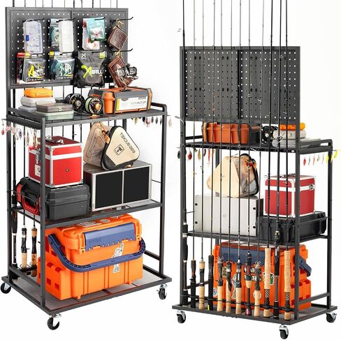 SOYEEZE Fishing Rod Holders for Garage, Fishing Pole Holders Up to 12 Rods with Pegboard and Hooks,Rolling Fishing Cart with Wheels, Fishing Gear Storage For Tackle Box & Reel Organization-6 Hooks in Saudi Arabia