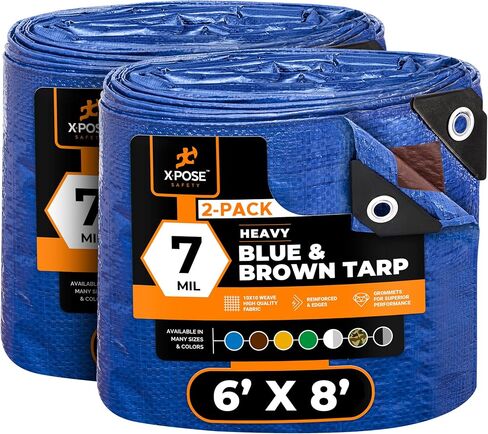 Xpose Safety 6’ x 8’ Heavy Blue/Brown Tarp - Waterproof - 7 Mil Weatherproof Camping Tarp for Tent, Rain, Wind & Sun - Plastic Tarpaulin Cover Outdoor for Roof, Trailer, RV, Car, Boat in Saudi Arabia