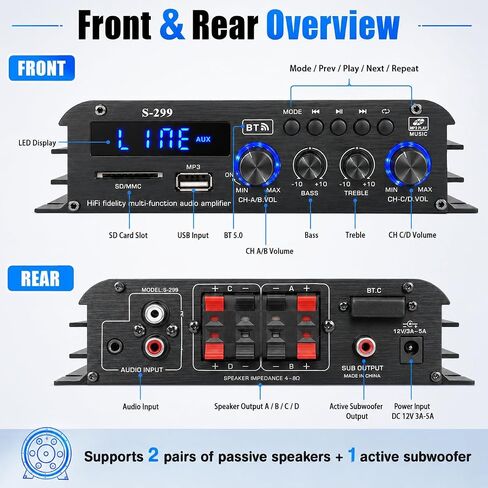 Romicta 4.1 Channel Home Audio Amplifier Receiver, Bluetooth 5.0 Mini Amp with Subwoofer Output, RMS 4x50W MAX 800W for Home Theater/Car- USB/SD/AUX Input, for Passive Speakers and Active subwoofer in Saudi Arabia