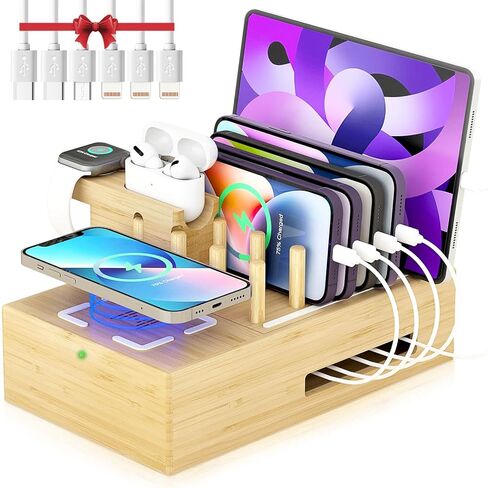 Bamboo Wireless Charging Station for Multiple Devices - Wood Docking Station Organizer, Qi Certified Fast Wireless Charger, 7 USB Charging Ports for Cellphone, Smart Watch, Earbuds, Tablet | Qi Certified Fast Wireless Charger, 7 USB Charging Ports for Pho in Saudi Arabia