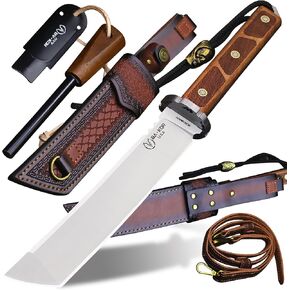 BA-KOR 7mm 9CR18MOV steel (15.6IN) sandalwood handle full Tang fixed knife+scabbard+(single shoulder strap)&(5.9IN) cerium igniter, suitable for outdoor hunting, camping, survival, EDC tool knife in Saudi Arabia