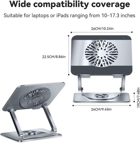 360° Rotatable Foldable Laptop Stand with Cooling Fan, Dual Support Height Angle Adjustable Laptop Cooler Fits 10-17.3 Inch Laptops in Saudi Arabia