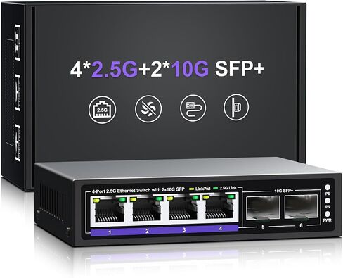 6 Port 2.5G Unmanaged Ethernet Switch, 4 x 2.5G Base-T Ports, 2 x 10G SFP+, Compatible with 100/1000/2500Mbps, Metal Fanless, Desktop/Wall Mount NICGIGA 2.5Gbe Network Switch for Wireless AP, NAS, PC in Saudi Arabia
