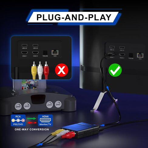 Portta AV to HDMI Converter 1080P, RCA to HDMI Converter, Composite CVBS to Audio Video Adapter, Support PAL/NTSC, Compatible with VHS/VCR/PS3/N64/Wii/STB/Xbox/Blue-Ray/DVD Players in Saudi Arabia