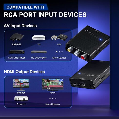 Portta AV to HDMI Converter 1080P, RCA to HDMI Converter, Composite CVBS to Audio Video Adapter, Support PAL/NTSC, Compatible with VHS/VCR/PS3/N64/Wii/STB/Xbox/Blue-Ray/DVD Players in Saudi Arabia
