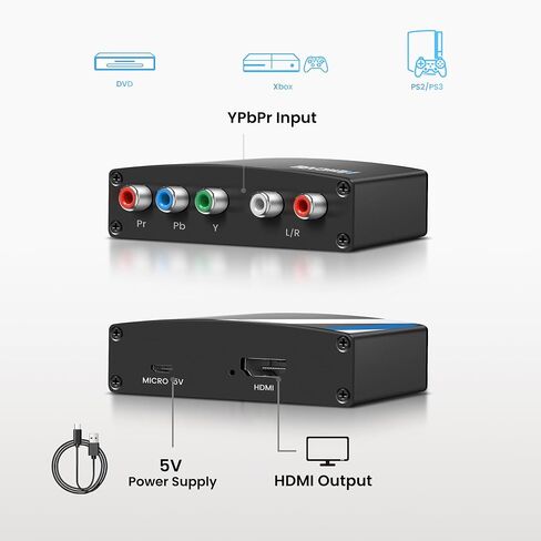 NEWCARE Component to HDMI Converter, Aluminum Alloy YPbPr + R/L to HDMI Adapter, 1080P Component 5RCA RGB Video Audio Converter for PS2 PS3 DVD Xbox 360 Nintendo Wii to Smart HDTV Monitor Projector | Aluminum Alloy Component 5RCA RGB Video Audio Converter in Saudi Arabia