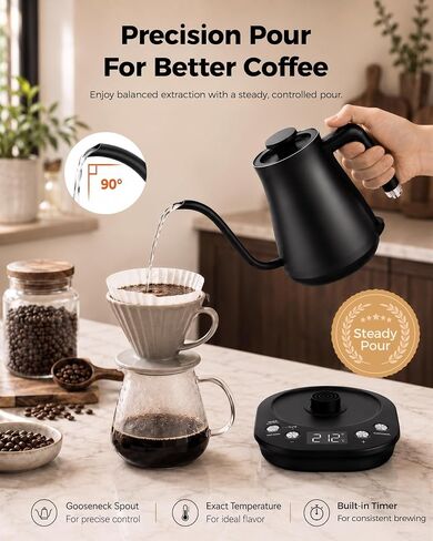 Gooseneck Electric Kettle with ±1℉ Temperature Control, 304 Stainless Steel Interior, BPA Free, 1200 Watt Rapid, Brew Timer, Automatic Shut Off for Pour Over Coffee, Brew Tea（Matte Black） in Kuwait