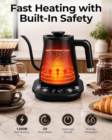 Gooseneck Electric Kettle with ±1℉ Temperature Control, 304 Stainless Steel Interior, BPA Free, 1200 Watt Rapid, Brew Timer, Automatic Shut Off for Pour Over Coffee, Brew Tea（Matte Black） in Kuwait