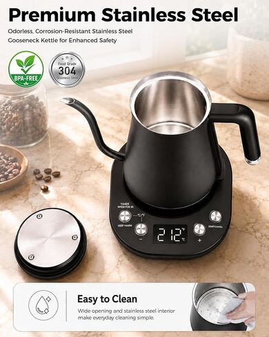 Gooseneck Electric Kettle with ±1℉ Temperature Control, 304 Stainless Steel Interior, BPA Free, 1200 Watt Rapid, Brew Timer, Automatic Shut Off for Pour Over Coffee, Brew Tea（Matte Black） in Kuwait