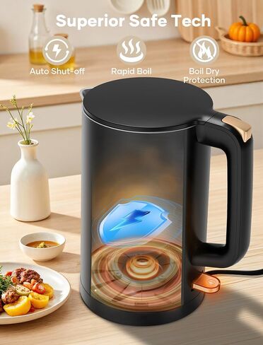 Electric Tea Kettle, 1.7L Stainless Steel Cool Touch Double Wall, Hot Water Boiler, 1500W Fast Boiling, Boil Dry Protection, BPA-Free, Black in Saudi Arabia