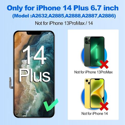 for iPhone 14 Plus Screen Replacement Kit 6.7 inch, Full HD LCD Display 3D Touch Screen Digitizer Full Assembly + Repair Tools. Model A2632, A2885, A2886, A2887, A2888 in Kuwait