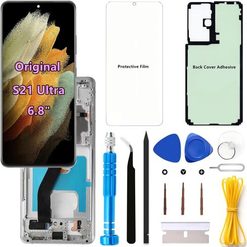 Original 6.8" AMOLED 120Hz S21 Ultra Screen Replacement OEM for Samsung Galaxy S21Ultra 5G SM-G998U SM-G998U1 Touch Display Screen Digitizer Assembly (Black Frame+Protector+Adhesive+Tools) in Saudi Arabia