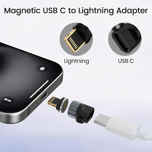 محول مغناطيسي USB C إلى Lightning مكون من قطعتين، موصل مزامنة البيانات فقط | محول Lightning مغناطيسي قوي لأجهزة iPhone 14 Pro Max وiPad وAirPods؛ شحن سريع، مزامنة البيانات فقط، وليس للصوت/OTG in Kuwait