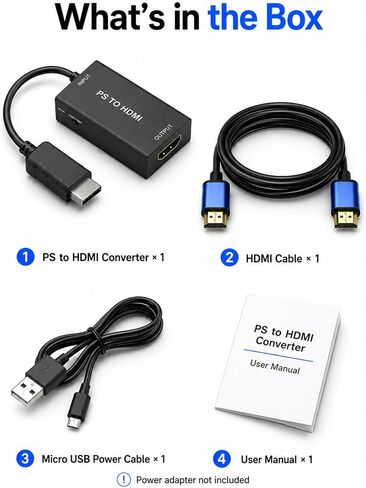 PS to HDMI Converter for PS1 / PS2, S-Video Based HDMI Adapter for HDMI TVs, Monitors and Projectors, Includes 1.5m HDMI and Micro USB Power Cables in Kuwait