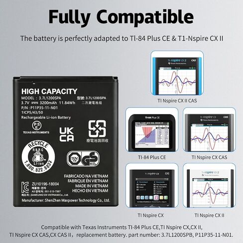 1-Pack TI-84 Plus CE Battery+Charger for Texas Instruments,𝗨𝗽𝗴𝗿𝗮𝗱𝗲𝗱 High Capacity 0 Cycle,P11P35-11-N01 Battery,Part No 3.7L1200SPB 3.7V TI-Nspire CX II TI-Nspire CX II CAS in Saudi Arabia