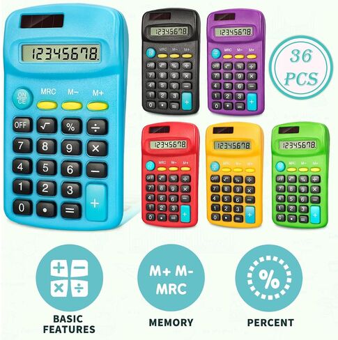 36 PCS Basic Calculators, Pocket-Size Mini with 8 Digit Display, Solar/Battery Dual Power - Bulk for Students, Classroom, Junior High, School, Home & Office (6 Colors) in Saudi Arabia