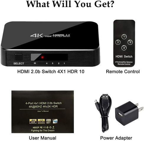 HDMI Switch 4X1, 4K Ultra HD HDMI Switcher 4 in 1 Out Support HDMI 2.0 HDCP 2.2,4K@60Hz, 3D,1080P, 4Kx2k@60Hz (IR Remote Control) in Saudi Arabia