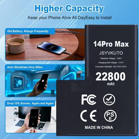 22800mAh Battery for iPhone 14 Pro Max, New 0 Cycle-Upgraded-Higher Capacity Replacement Battery for iPhone 14 Pro Max with Full Set Repair Tool Kit, Model A2894, A2651, A2893, A2895 in Kuwait