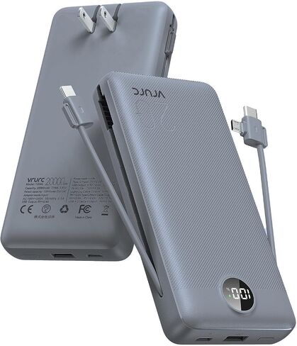 Portable Charger Power Bank 20000mAh,VRURC 22.5W Fast Charging Power Bank With Cables, 20K USB C Portable Charger With Wall Plug, Phone Battery With Cords For iPhone, Samsung, Android Phones, etc-Grey in Saudi Arabia