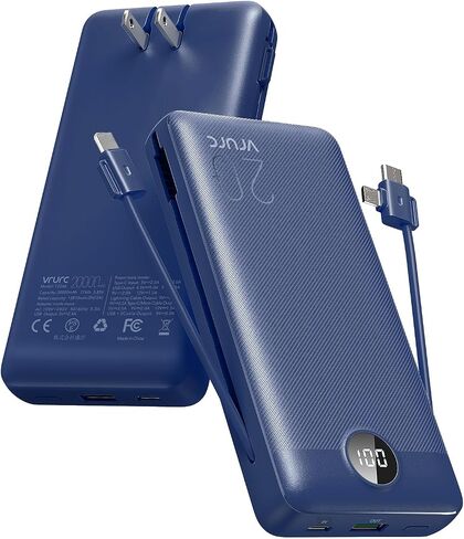 Portable Charger Power Bank 20000mAh,VRURC 22.5W Fast Charging Power Bank With Cables, 20K USB C Portable Charger With Wall Plug, Phone Battery With Cords For iPhone, Samsung, Android Phones, etc-Grey in Saudi Arabia