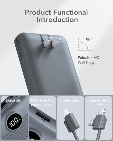 Portable Charger Power Bank 20000mAh,VRURC 22.5W Fast Charging Power Bank With Cables, 20K USB C Portable Charger With Wall Plug, Phone Battery With Cords For iPhone, Samsung, Android Phones, etc-Grey in Saudi Arabia