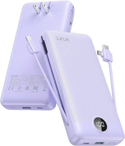 Portable Charger Power Bank 20000mAh,VRURC 22.5W Fast Charging Power Bank With Cables, 20K USB C Portable Charger With Wall Plug, Phone Battery With Cords For iPhone, Samsung, Android Phones, etc-Grey in Saudi Arabia