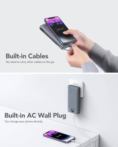 Portable Charger Power Bank 20000mAh,VRURC 22.5W Fast Charging Power Bank With Cables, 20K USB C Portable Charger With Wall Plug, Phone Battery With Cords For iPhone, Samsung, Android Phones, etc-Grey in Saudi Arabia