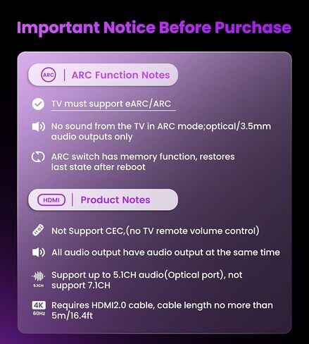 avedio links HDMI eARC/ARC Audio Extractor 4K@60Hz, HDMI to Optical Toslink SPDIF & 3.5mm AUX Stereo Audio Converter Splitter, HDCP 2.2, PCM/DTS 5.1 in Kuwait