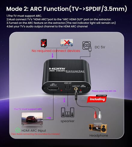 avedio links HDMI eARC/ARC Audio Extractor 4K@60Hz, HDMI to Optical Toslink SPDIF & 3.5mm AUX Stereo Audio Converter Splitter, HDCP 2.2, PCM/DTS 5.1 in Kuwait