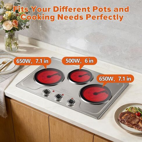 CUSIMAX Hot Plate,1800W Triple Infrared Burner, Independent Temperature Control,Electric Stove Can Simultaneously Cook Three Dishes,Compatible for All Cookware,Stainless Steel for Easy Cleaning in Saudi Arabia
