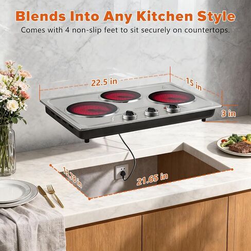 CUSIMAX Hot Plate,1800W Triple Infrared Burner, Independent Temperature Control,Electric Stove Can Simultaneously Cook Three Dishes,Compatible for All Cookware,Stainless Steel for Easy Cleaning in Saudi Arabia