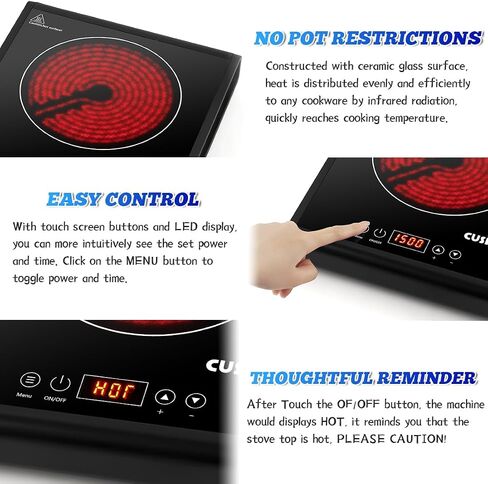 CUSIMAX Hot Plate 1500W Infrared Burner with Touch Panel, LED Display, Adjustable Power and Time 2h, Portable Electric Stove Crystal Glass Countertop Burner, Compatible with All Cookware in Saudi Arabia