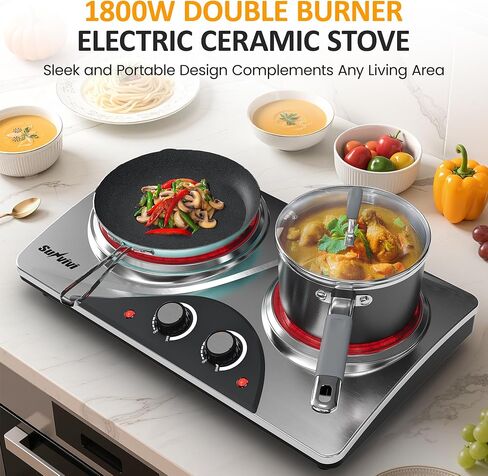 Sunvivi 1800W Dual Burner Portable Electric Ceramic Stove – Knob Control, Indicator Light, Compatible with All Cookware, Ideal for Multiple Cooking Scenarios, Silver in Saudi Arabia