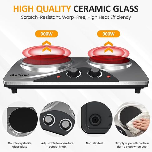 Sunvivi 1800W Dual Burner Portable Electric Ceramic Stove – Knob Control, Indicator Light, Compatible with All Cookware, Ideal for Multiple Cooking Scenarios, Silver in Saudi Arabia