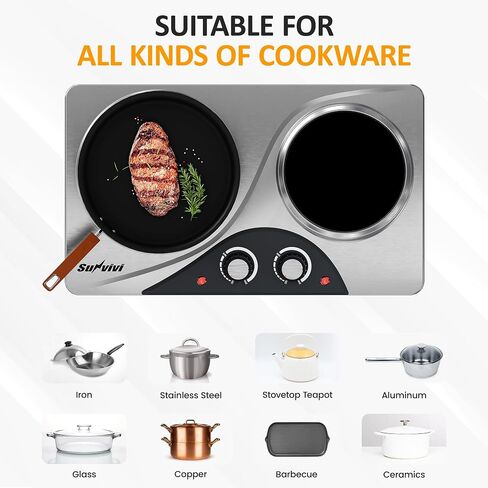 Sunvivi 1800W Dual Burner Portable Electric Ceramic Stove – Knob Control, Indicator Light, Compatible with All Cookware, Ideal for Multiple Cooking Scenarios, Silver in Saudi Arabia