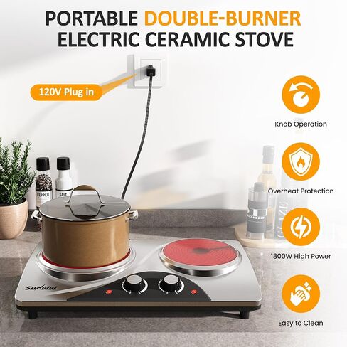 Sunvivi 1800W Dual Burner Portable Electric Ceramic Stove – Knob Control, Indicator Light, Compatible with All Cookware, Ideal for Multiple Cooking Scenarios, Silver in Saudi Arabia