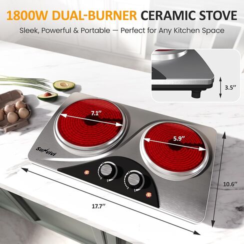 Sunvivi 1800W Dual Burner Portable Electric Ceramic Stove – Knob Control, Indicator Light, Compatible with All Cookware, Ideal for Multiple Cooking Scenarios, Silver in Saudi Arabia