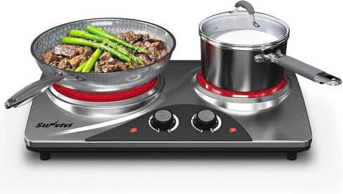 Sunvivi 1800W Dual Burner Portable Electric Ceramic Stove – Knob Control, Indicator Light, Compatible with All Cookware, Ideal for Multiple Cooking Scenarios, Silver in Saudi Arabia