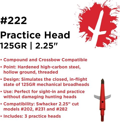 Swhacker #222 Practice Broadheads, 125 Grain, 2.25" Cut, Broadhead Tuning Tips, Precision Practice Points for Compound Bow & Crossbow, 3 Pack in Kuwait