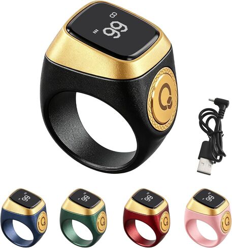 IQibla Smart Zikr Ring, Smart Ring Counter Waterproof Digital Counter & Vibration Reminder, Unisex Azan Alarm Clock Finger Counter for Muslims(18mm Black) in Kuwait