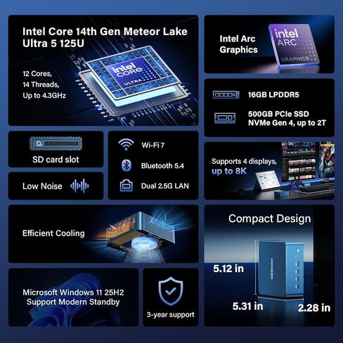 GEEKOM Mini PC IT12 MAX,Ultra 5 125U,16GB RAM,500GB SSD(Upgradeable) | Multitasking Mini Desktop Computers (Arc Graphics) 16GB LPDDR5(5600MT/s) 500GB SSD 8K | WiFi 7| Dual LAN in Saudi Arabia
