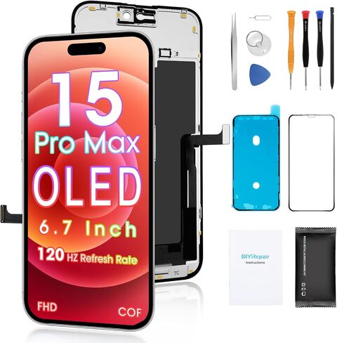for iPhone 15 Pro Max Screen Replacement 6.7' 【OLED, Not LCD】, 3D Touch Display Full Repair kit, Digitizer Assembly with Tools Set, Tempered Glass, Instruction | OLED/120Hz/FHD/TrueTone in Saudi Arabia
