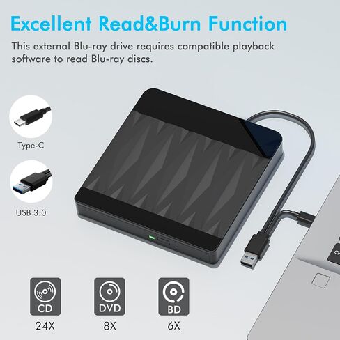 External Blu Ray Drive Bluray Burner External Support 3D Playback Discs | USB 3.0 Type-C BD/DVD/CD Writer for PC External Blu Ray Burner Compatible with Windows XP/7/8/10/11, Linux, Mac OS in Saudi Arabia
