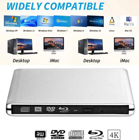 محرك أقراص بلو راي خارجي JOTEC Premium من الألومنيوم بدقة 4K UHD | ناسخ أقراص Blu-ray بدقة 4K، وواجهة USB 3.0 وType C مزدوجة، متوافق مع جميع موديلات أجهزة الكمبيوتر الشخصية وأجهزة Mac، ويدعم 100 جيجابايت و128 جيجابايت in Kuwait